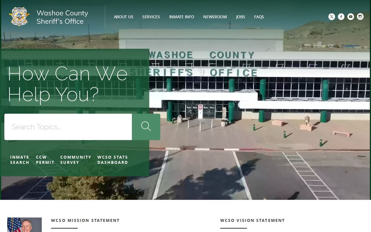 Washoe County criminal history services on the sheriff homepage