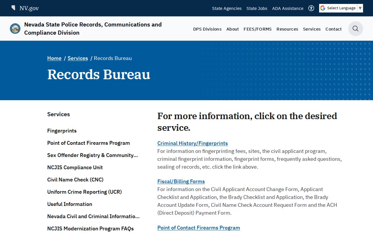 Washoe County criminal records through the Nevada Records Bureau