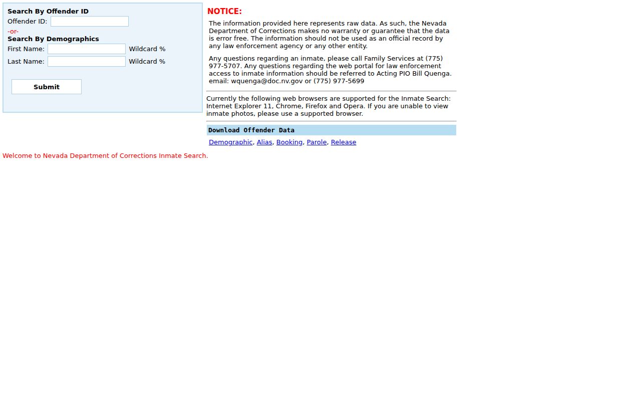 Washoe County criminal custody search through NDOC