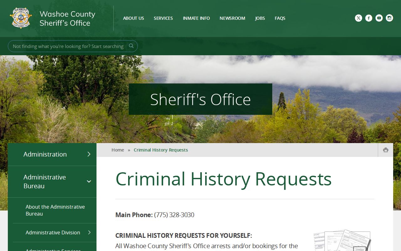 Washoe County arrest history request page from sheriff records