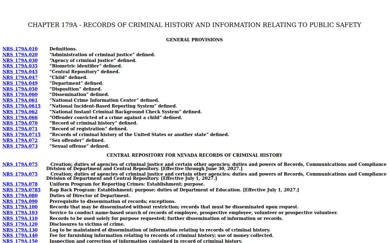Nevada criminal history law for Washoe County criminal court cases